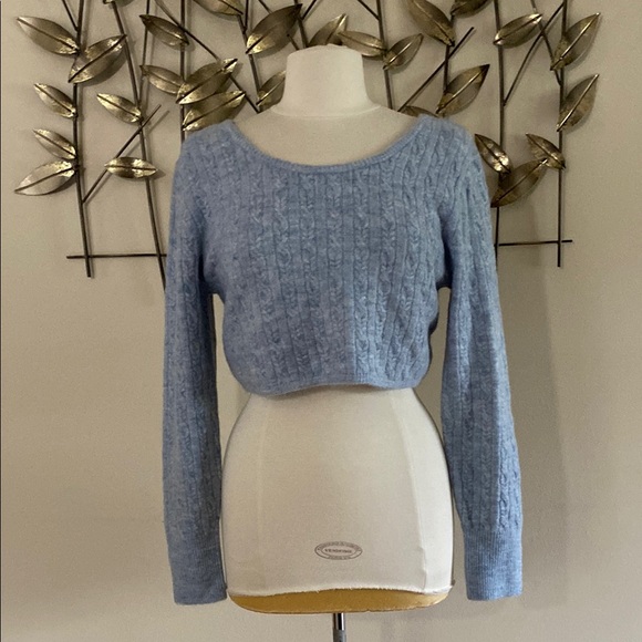 Blue Cropped Cable Knit Women's Sweater - Picture 1 of 4